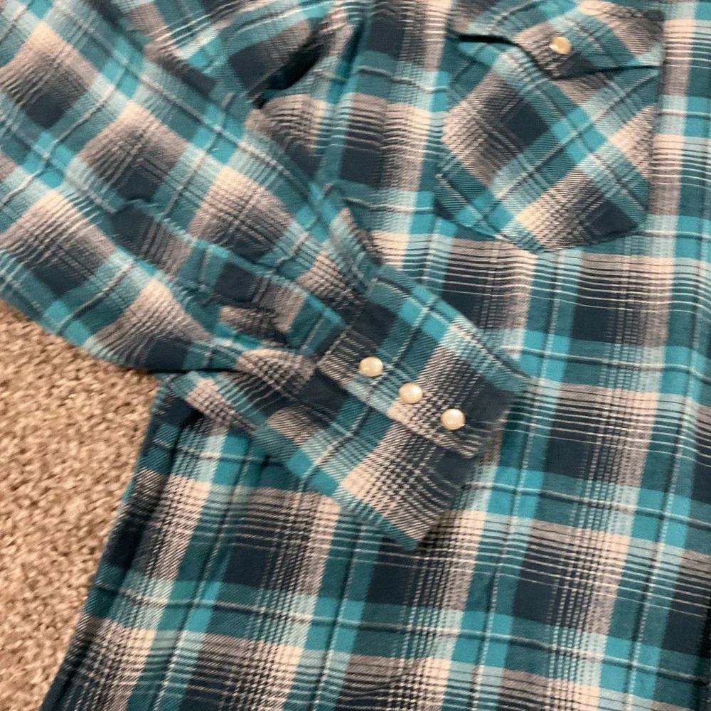 Wrangler Wrancher Pearl Snap Western Shirt Men's XLT Blue Plaid Cowboy